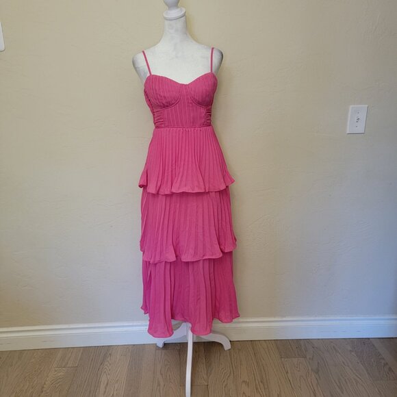 Lulus Cascading Crush Hot Pink Tiered Bustier Midi, #1884956, Size XS, $63 - Picture 3 of 8